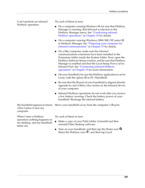 Page 297HotSync problems
287
I can’t perform an infrared 
HotSync operation.Try each of these in turn:
nOn a computer running Windows 98, be sure that HotSync 
Manager is running, that Infrared is selected on the 
HotSync Manager menu. See“Conducting infrared 
HotSync operations” in Chapter 15 for details.
nOn a computer running Windows 2000/ME/XP, select IR 
in HotSync Manager. See“Preparing your computer for 
infrared communication” in Chapter 15 for details. 
nOn a Mac computer, make sure the infrared...