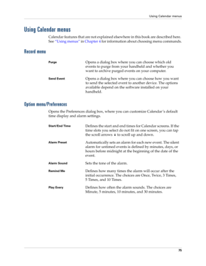 Page 85Using Calendar menus
75
Using Calendar menus
Calendar features that are not explained elsewhere in this book are described here. 
See“Using menus” in Chapter 4 for information about choosing menu commands.
Record menu
Option menu/Preferences
Opens the Preferences dialog box, where you can customize Calendar ’s default 
time display and alarm settings.
PurgeOpens a dialog box where you can choose which old 
events to purge from your handheld and whether you 
want to archive purged events on your...