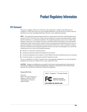 Page 275265
Product Regulatory Information
FCC Statement
This device complies with part 15 of the FCC rules. Operation is subject to the following two 
conditions: (1) This device may not cause harmful interference, and (2) this device must accept any 
interference received, including interference that may cause undesired operation.
NOTE
This equipment has been tested and found to comply with the limits for a Class B digital device, 
pursuant to Part 15 of the FCC rules. These limits are designed to provide...