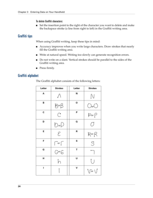 Page 34Chapter 3 Entering Data on Your Handheld
24
To delete Graffiti characters:
nSet the insertion point to the right of the character you want to delete and make 
the backspace stroke (a line from right to left) in the Graffiti writing area.
Graffiti tips
When using Graffiti writing, keep these tips in mind:
nAccuracy improves when you write large characters. Draw strokes that nearly 
fill the Graffiti writing area.
nWrite at natural speed. Writing too slowly can generate recognition errors.
nDo not write on...