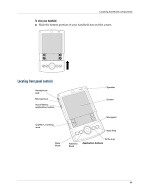 Page 25Locating handheld components
11
To close your handheld:
■Slide the bottom portion of your handheld toward the screen.
Locating front panel controls
Screen
Graffiti
® 2 writing 
area
Application buttonsNavigator Headphone 
jack
Date
BookAddress 
BookTo  D o  L i s tNote Pad
Vo i c e  M e m o  
application button
Speaker
Microphone 