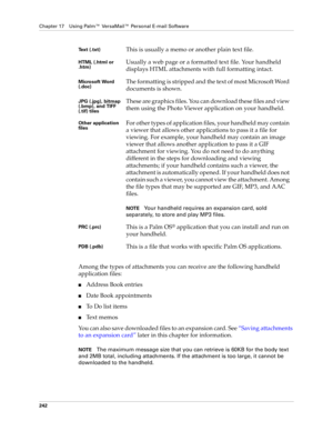Page 256Chapter 17 Using Palm™ VersaMail™ Personal E-mail Software
242
Among the types of attachments you can receive are the following handheld 
application files:
■Address Book entries
■Date Book appointments
■To Do list items
■Text memos
You can also save downloaded files to an expansion card. See “Saving attachments 
to an expansion card” later in this chapter for information.
NOTEThe maximum message size that you can retrieve is 60KB for the body text 
and 2MB total, including attachments. If the attachment...