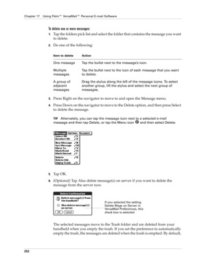 Page 266Chapter 17 Using Palm™ VersaMail™ Personal E-mail Software
252
To delete one or more messages:
1.Tap the folders pick list and select the folder that contains the message you want 
to delete.
2.Do one of the following:
3.Press Right on the navigator to move to and open the Message menu.
4.Press Down on the navigator to move to the Delete option, and then press Select 
to delete the message.
TIPAlternately, you can tap the message icon next to a selected e-mail 
message and then tap Delete, or tap the...