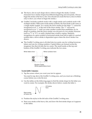 Page 39Using Graffiti 2 writing to enter data
25
■The heavy dot on each shape shows where to begin the stroke. Certain 
characters have similar shapes but different beginning and end points. Always 
begin the stroke at the heavy dot. (You should not create the heavy dot; it is there 
only to show you where to begin the stroke.)
■Graffiti 2 includes symbols made with a single stroke and symbols made with 
multiple strokes. With some multi-stroke symbols, the first stroke is the same as 
a single stroke symbol....