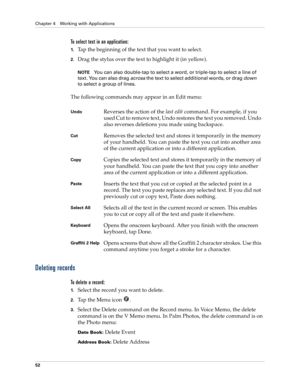 Page 66Chapter 4 Working with Applications
52
To select text in an application:
1.Tap the beginning of the text that you want to select.
2.Drag the stylus over the text to highlight it (in yellow). 
NOTEYou can also double-tap to select a word, or triple-tap to select a line of 
text. You can also drag across the text to select additional words, or drag down 
to select a group of lines.
The following commands may appear in an Edit menu:
Deleting records
To delete a record:
1.Select the record you want to...