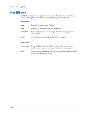 Page 152Chapter 14 Using SMS
138
Using SMS menus
SMS features that are not explained elsewhere are described here. See“Using 
menus” in Chapter 4 for information about selecting menu commands.
Message menu
Options menu
 
SendSends all messages in the Outbox.
CheckRetrieves all messages stored on the phone.
Empty TrashPermanently removes all messages in the Trash category from 
your handheld. 
ArchiveMoves the current message to the Archive category.
Phone LookupOpens the Phone Lookup dialog box, in which you can...