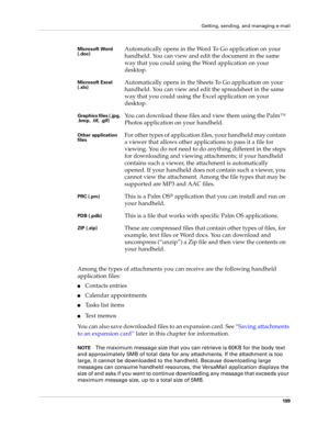 Page 213Getting, sending, and managing e-mail
199
Among the types of attachments you can receive are the following handheld 
application files:
nContacts entries
nCalendar appointments
nTasks list items
nText memos
You can also save downloaded files to an expansion card. See “Saving attachments 
to an expansion card” later in this chapter for information.
NOTEThe maximum message size that you can retrieve is 60KB for the body text 
and approximately 5MB of total data for any attachments. If the attachment is too...
