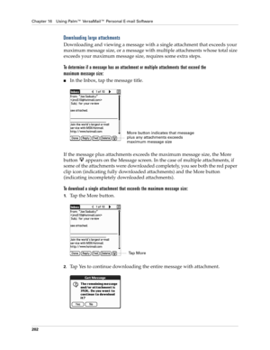 Page 216Chapter 16 Using Palm™ VersaMail™ Personal E-mail Software
202
Downloading large attachments
Downloading and viewing a message with a single attachment that exceeds your 
maximum message size, or a message with multiple attachments whose total size 
exceeds your maximum message size, requires some extra steps.
To determine if a message has an attachment or multiple attachments that exceed the 
maximum message size:
nIn the Inbox, tap the message title.
If the message plus attachments exceeds the maximum...