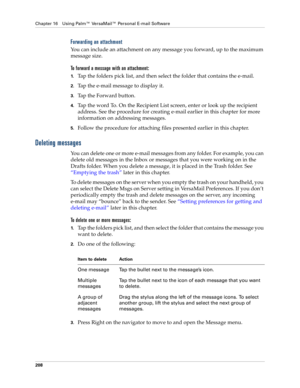 Page 222Chapter 16 Using Palm™ VersaMail™ Personal E-mail Software
208
Forwarding an attachment
You can include an attachment on any message you forward, up to the maximum 
message size.
To forward a message with an attachment:
1.Tap the folders pick list, and then select the folder that contains the e-mail. 
2.Tap the e-mail message to display it.
3.Tap the Forward button.
4.Tap the word To. On the Recipient List screen, enter or look up the recipient 
address. See the procedure for creating e-mail earlier in...