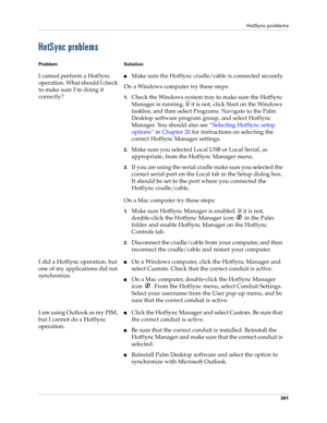Page 375HotSync problems
361
HotSync problems
Problem Solution
I cannot perform a HotSync 
operation. What should I check 
to make sure I’m doing it 
correctly?nMake sure the HotSync cradle/cable is connected securely.
On a Windows computer try these steps:
1.Check the Windows system tray to make sure the HotSync 
Manager is running. If it is not, click Start on the Windows 
taskbar, and then select Programs. Navigate to the Palm 
Desktop software program group, and select HotSync 
Manager. You should also...