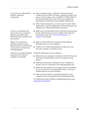 Page 379HotSync problems
365
I can’t perform a Bluetooth™ 
HotSync operation. 
(continued)nSome computers have a dedicated virtual serial port 
number, such as COM5, and other computers enable you to 
choose a port number, such as COM8 or COM12. Refer to 
the documentation that came with your computer for 
information on dedicated versus flexible virtual ports.
nIf the virtual serial port you want to use is used by other 
applications, exit those applications before setting up your 
computer for a Bluetooth...
