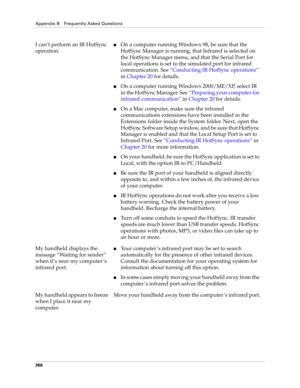 Page 380Appendix B Frequently Asked Questions
366
I can’t perform an IR HotSync 
operation.nOn a computer running Windows 98, be sure that the 
HotSync Manager is running, that Infrared is selected on 
the HotSync Manager menu, and that the Serial Port for 
local operations is set to the simulated port for infrared 
communication. See“Conducting IR HotSync operations” 
in Chapter 20 for details.
nOn a computer running Windows 2000/ME/XP, select IR 
in the HotSync Manager. See“Preparing your computer for...