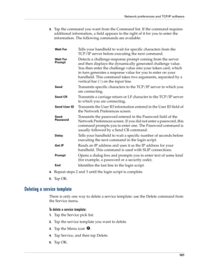 Page 171Network preferences and TCP/IP software
161
3.Tap the command you want from the Command list. If the command requires 
additional information, a field appears to the right of it for you to enter the 
information. The following commands are available:
4.Repeat steps 2 and 3 until the login script is complete.
5.Ta p  O K .
Deleting a service template
There is only one way to delete a service template: use the Delete command from 
the Service menu.
To delete a service template:
1.Tap the Service pick...