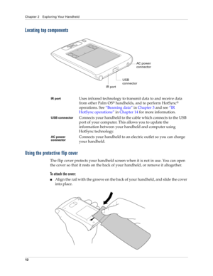 Page 22Chapter 2 Exploring Your Handheld
12
Locating top components
Using the protective flip cover
The flip cover protects your handheld screen when it is not in use. You can open 
the cover so that it rests on the back of your handheld, or remove it altogether. 
To attach the cover:
nAlign the rail with the groove on the back of your handheld, and slide the cover 
into place.
IR portUses infrared technology to transmit data to and receive data 
from other Palm OS
® handhelds, and to perform HotSync®...