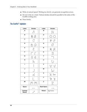Page 36Chapter 3 Entering Data in Your Handheld
26
nWrite at natural speed. Writing too slowly can generate recognition errors.
nDo not write on a slant. Vertical strokes should be parallel to the sides of the 
Graffiti writing area.
nPress firmly.
The Graffiti® alphabet
Letter Strokes Letter Strokes
AN
B
   O   
CP    
D    Q
ER
    
F    S
G
   T
HU
IV
   
JW
KX
   
LY    
M    Z
Space Back Space
Carriage
ReturnPe rio d
tap twice 