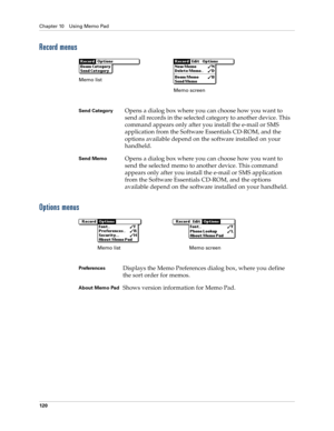 Page 130Chapter 10 Using Memo Pad
120
Record menus
Options menus
Send CategoryOpens a dialog box where you can choose how you want to 
send all records in the selected category to another device. This 
command appears only after you install the e-mail or SMS 
application from the Software Essentials CD-ROM, and the 
options available depend on the software installed on your 
handheld. 
Send MemoOpens a dialog box where you can choose how you want to 
send the selected memo to another device. This command...