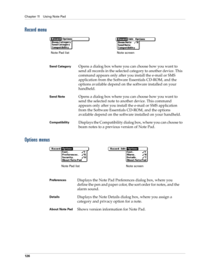 Page 136Chapter 11 Using Note Pad
126
Record menu
Options menus
Send CategoryOpens a dialog box where you can choose how you want to 
send all records in the selected category to another device. This 
command appears only after you install the e-mail or SMS 
application from the Software Essentials CD-ROM, and the 
options available depend on the software installed on your 
handheld. 
Send NoteOpens a dialog box where you can choose how you want to 
send the selected note to another device. This command 
appears...