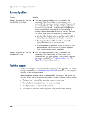 Page 256Appendix B Frequently Asked Questions
246
Password problems
Technical support
If, after reviewing the sources listed at the beginning of this appendix, you cannot 
solve your problem, go to 
www.palm.com/support/zire71 or send an e-mail to your 
regional Technical Support office. 
Before requesting support, please experiment a bit to reproduce and isolate the 
problem. When you do contact support, please provide the following information:
nThe name and version of the operating system you are using
nThe...
