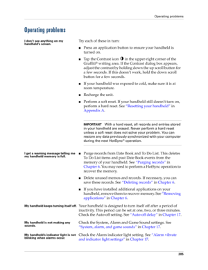 Page 215Operating problems
205
Operating problems
I don’t see anything on my 
handheld’s screen.Try each of these in turn:
Press an application button to ensure your handheld is 
turned on.
Tap the Contrast icon   in the upper-right corner of the 
Graffiti
® writing area. If the Contrast dialog box appears, 
adjust the contrast by holdin g dow n the up scroll bu tton  for 
a few seconds. If this doesn’t work, hold the down scroll 
button for a few seconds.
If your handheld was exposed to cold, make sure it is...
