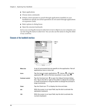 Page 24Chapter 2 Exploring Your Handheld
14
Open applications
Choose menu commands
Initiate a Find operation to search through applications installed on your 
handheld for specific text (Find operations do not search through applications 
on expansion cards)
Select options in dialog boxes
Open the onscreen keyboards
Just as you can drag the mouse to select text or move objects on your computer, you 
can also drag the stylus to select text. You can also use the stylus to drag the slider 
of any scroll bar....