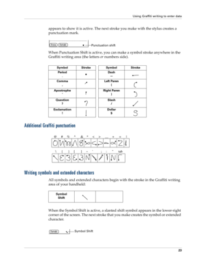 Page 33Using Graffiti writing to enter data
23
appears to show it is active. The next stroke you make with the stylus creates a 
punctuation mark.
When Punctuation Shift is active, you can make a symbol stroke anywhere in the 
Graffiti writing area (the letters or numbers side).
Additional Graffiti punctuation
Writing symbols and extended characters
All symbols and extended characters begin with the stroke in the Graffiti writing 
area of your handheld:
When the Symbol Shift is active, a slanted shift symbol...