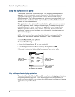 Page 48Chapter 4 Using Wireless Features
38
Using the MyPalm mobile portal
The MyPalm application is a mobile portal. Like portals on the Internet that 
aggregate other web sites into content channels, the MyPalm mobile portal 
aggregates web clipping applications into content channels. Web clipping 
applications allow you to access a wide array of Internet information, and view 
that information in a format that is easy to read on your handheld screen and 
reduces the cost of transmission.
This application is...