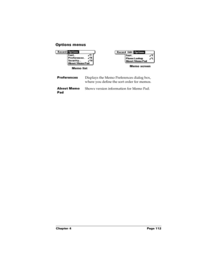 Page 118Chapter 4 Page 112
Options menus
Preferences Displays the Memo Preferences dialog box, 
where you define the sort order for memos. 
About Memo 
PadShows version information for Memo Pad.
Memo listMemo screen 