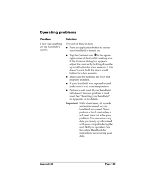 Page 187Appendix B Page 180
Operating problems
ProblemSolution
I don’t see anything 
on my handheld’s 
screen.Try each of these in turn:
nPress an application button to ensure 
your handheld is turned on.
nTap the Contrast icon  in the upper-
right corner of the Graffiti
® writing area. 
If the Contrast dialog box appears, 
adjust the contrast by holding down the 
up scroll button for a few seconds. If this 
doesn’t work, hold the down scroll 
button for a few seconds.
nMake sure the batteries are fresh and...