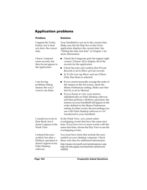 Page 190Page 183  Frequently Asked Questions
Application problems
ProblemSolution
I tapped the Today 
button, but it does 
not show the correct 
date.Your handheld is not set to the current date. 
Make sure the Set Date box in the Clock 
application displays the current date. See 
“Setting the time and date” in Chapter 1 for 
more information.
I know I entered 
some records, but 
they do not appear in 
the application.nCheck the Categories pick list (upper-right 
corner). Choose All to display all of the...