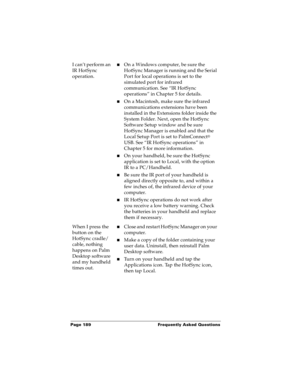 Page 196Page 189  Frequently Asked Questions
I can’t perform an 
IR HotSync 
operation.nOn a Windows computer, be sure the 
HotSync Manager is running and the Serial 
Port for local operations is set to the 
simulated port for infrared 
communication. See “IR HotSync 
operations” in Chapter 5 for details.
nOn a Macintosh, make sure the infrared 
communications extensions have been 
installed in the Extensions folder inside the 
System Folder. Next, open the HotSync 
Software Setup window and be sure 
HotSync...