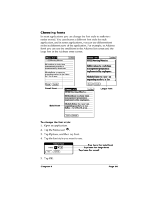Page 93Chapter 4 Page 86
Choosing fonts
In most applications you can change the font style to make text 
easier to read. You can choose a different font style for each 
application, and in some applications, you can use different font 
styles in different parts of the application. For example, in Address 
Book you can use the small font in the Address list screen and the 
large font in the Address entry screen.
To change the font style:
1. Open an application.
2. Tap the Menu icon  . 
3. Tap Options, and then...