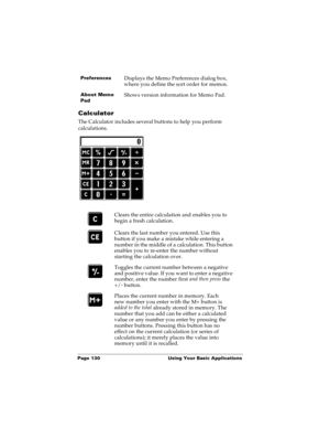 Page 138Page 130  Using Your Basic Applications
Calculator
The Calculator includes several buttons to help you perform 
calculations.
 
Preferences Displays the Memo Preferences dialog box, 
where you define the sort order for memos. 
About Memo 
PadShows version information for Memo Pad.
Clears the entire calculation and enables you to 
begin a fresh calculation.
Clears the last number you entered. Use this 
button if you make a mistake while entering a 
number in the middle of a calculation. This button...