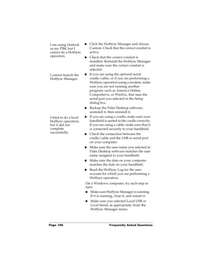 Page 206Page 198  Frequently Asked Questions
I am using Outlook 
as my PIM, but I 
cannot do a HotSync 
operation.nClick the HotSync Manager and choose 
Custom. Check that the correct conduit is 
active.
nCheck that the correct conduit is 
installed. Reinstall the HotSync Manager 
and make sure the correct conduit is 
selected.
I cannot launch the 
HotSync Manager.nIf you are using the optional serial 
cradle/cable, or if you are performing a 
HotSync operation using a modem, make 
sure you are not running...