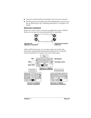 Page 31Chapter 1 Page 23
nUsing an external keyboard attached to the universal connector 
nBeaming data from another Palm OS handheld that is close by and 
has an infrared port. See “Beaming information” in Chapter 5 for 
details. 
Onscreen keyboard
When you create or edit a record in an application such as Address 
Book, you can open the onscreen keyboards to enter data. 
After a keyboard is open, you can tap to open any of the other 
keyboards, including the international keyboard. See “Using the 
onscreen...