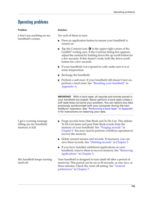 Page 183Operating problems
17 5
Operating problems
Problem Solution
I don’t see anything on my 
handheld’s screen.Try each of these in turn:
nPress an application button to ensure your handheld is 
turned on.
nTap the Contrast icon   in the upper-right corner of the 
Graffiti
® writing area. If the Contrast dialog box appears, 
adjust the contrast by holding down the up scroll button for 
a few seconds. If this doesn’t work, hold the down scroll 
button for a few seconds.
nIf your handheld was exposed to cold,...
