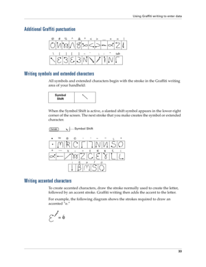 Page 41Using Graffiti writing to enter data
33
Additional Graffiti punctuation
Writing symbols and extended characters
All symbols and extended characters begin with the stroke in the Graffiti writing 
area of your handheld:
When the Symbol Shift is active, a slanted shift symbol appears in the lower-right 
corner of the screen. The next stroke that you make creates the symbol or extended 
character.
Writing accented characters
To create accented characters, draw the stroke normally used to create the letter,...