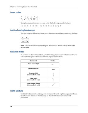 Page 42Chapter 2 Entering Data in Your Handheld
34
Accent strokes
Using these accent strokes, you can write the following accented letters:
à  á  â  ã  ä  å  è  é  ê  ë  ì  í  î  ï  ò  ó  ô  õ  ö  ù  ú  û  ü  ÿ  ý  ñ
Additional non-English characters
You can write the following characters without any special punctuation or shifting:
NOTEYou must write these non-English characters in the left side of the Graffiti 
writing area.
Navigation strokes
In addition to character symbols, Graffiti writing includes...