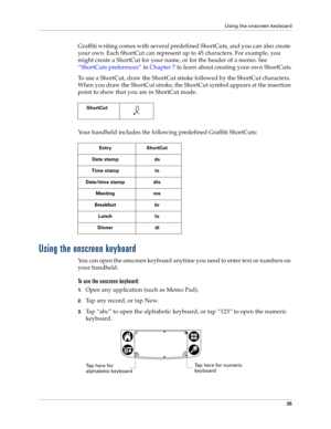 Page 43Using the onscreen keyboard
35
Graffiti writing comes with several predefined ShortCuts, and you can also create 
your own. Each ShortCut can represent up to 45 characters. For example, you 
might create a ShortCut for your name, or for the header of a memo. See 
“ShortCuts preferences” in Chapter 7 to learn about creating your own ShortCuts.
To use a ShortCut, draw the ShortCut stroke followed by the ShortCut characters. 
When you draw the ShortCut stroke, the ShortCut symbol appears at the insertion...