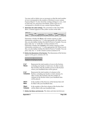 Page 265Appendix C Page 255
You may add or delete rows as necessary so that the total number 
of rows corresponds to the number of Sections in your custom 
Expense Report. To clear all of the existing settings in a row, click 
to select the row and press Ctrl+Delete. Name each row to 
correspond to a Section of your custom Expense Report.
9.
Determine the Label settings. The orientation of the data fields 
(Row, Column) appears in the yellow section of the table.
Determine whether the Rows will contain expense...