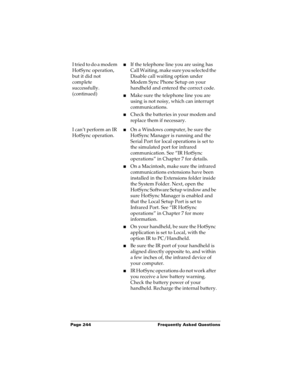 Page 254Page 244  Frequently Asked Questions
I tried to do a modem 
HotSync operation, 
but it did not 
complete 
successfully.
(continued)nIf the telephone line you are using has 
Call Waiting, make sure you selected the 
Disable call waiting option under 
Modem Sync Phone Setup on your 
handheld and entered the correct code.
nMake sure the telephone line you are 
using is not noisy, which can interrupt 
communications.
nCheck the batteries in your modem and 
replace them if necessary.
I can’t perform an IR...