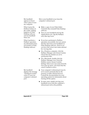 Page 255Appendix B Page 245
My handheld 
appears to freeze 
when I place it near 
my computer.Move your handheld away from the 
computer’s infrared port.
When I press the 
HotSync button on 
the cradle, nothing 
happens on Palm 
Desktop software 
and my handheld 
times out.n  Make a copy of your Palm folder. 
Uninstall, then reinstall Palm Desktop 
software.
nTurn on your handheld and tap the 
Applications icon. Tap the HotSync 
icon, then tap Local. 
When I perform a 
HotSync operation, 
my information does...