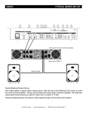 Page 17©American Audio®   -   www.americanaudio.us   -   19MXR Instruction Manual Page 17
 19MXR                                    TYPICAL MIXER SET-UP
Speaker	Cables
Balanced	XLR	male	to	XLR	female	Cables
American Audio V4001™
Typical	Balanced	Output	Set-up
This	image	 details	 a	typical	 stereo	output	 layout.	 Note	the	use	 of	the	 Balanced	 XLR	Jacks	 on	both	
the	 mixer	 and	the	amplifier.		 Always	use	the	balanced	 output	jacks	whenever	 possible.	The	balanced	
output	jacks	should	always	be	used	for...