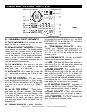Page 13
©American Audio®   -   www.AmericanAudio.us   -   CDI-300™ Instruction Manual Page 13
 GENERAL FUNCTIONS AND CONTROLS (Cont.)
Figure 6
D. LCD DISPLAY PANEL (FIGURE 5)
30. PAUSE INDICATOR - This indicator will glow 
when the drive is in pause mode.
31.  MEMORY  BUCKET  INDICATOR  -  This  indi-
cator  serves  two  functions.  The  bucket  outline 
details  the  cue  memory  status,  a  full  bucket 
outline indicates the cue memory is full. The four 
bars  in  the  memory  bucket  detail  the  anti-shock...