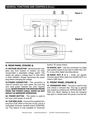 Page 13
AUDIOOUTDIGITALOUTPOWERONOFFRELAYACIN~
230V115V

 GENERAL FUNCTIONS AND CONTROLS (Cont.)
©American Audio®   -   www.AmericanAudio.us   -   CDI-500™ Instruction Manual Page 13
Figure 5
Figure 4
B. REAR PANEL (FIGURE 4)
31. VOLTAGE SELECTOR - Because power sup-
plies  vary  from  location  to  location  we  have 
incorporated  a  selectable  voltage  switch.  This 
switch  can  select  a  voltage  input  of  120v~60Hz 
or  220v~50/60Hz.  Always  disconnect  the  power 
plug before changing the voltage....