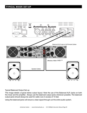 Page 29
Typical Balanced Output Set-up
This  image  details  a  typical  stereo  output  layout.  Note  the  use  of  the  Balanced  XLR  Jacks  on  both 
the mixer and the amplifier.  Always use the balanced output jacks whenever possible. The balanced 
output jacks should always be used for cable runs in excess of 15 feet. \
Using the balanced jacks will ensure a clean signal through out the entire audio system.
©American Audio®   -   www.AmericanAudio.us   -   CK 1000Mp3 Instruction Manual Page 29
Speaker...