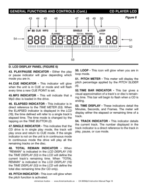 Page 16
©American Audio®   -   www.AmericanAudio.us   -   CK 800Mp3 Instruction Manual Page 16
 GENERAL FUNCTIONS AND CONTROLS (Cont.)                      CD PLAYER LCD
D. LCD DISPLAY PANEL (FIGURE 6)
43.  PLAY/PAUSE  INDICATOR  -  Either  the  play 
or  pause  indicator  will  glow  depending  which  
mode you are in.
44. CUE  INDICATOR  - This  indicator  will  glow 
when  the  unit  is  in  CUE  or  mode  and  will  flash 
every time a new CUE POINT is set.
45. mP3  INDICATOR  - This  will  indicate  that...