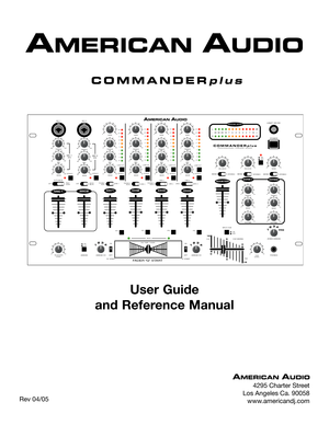 Page 1
User Guide 
and Reference Manual
Rev 04/05
FADERFF“Q”STARTTT
FEATHER FADER 
CH1CH2CH3CH4MIC1MIC1MIC2MIC2
MASTERZONE1ZONE2
0
PFLPFLPFLPFL
L
dB
dBR-+403020107 420 24710
MASTERLEVEL
BEAT
ASSIGN CH
1234
POWER
LIGHT12VDC
CUE MIXINGCUE
PGM
ZONE2ASSIGN
1234PRG
AUTOMUTEOFF
MIC 2
OFFTALKTTOVERAUTOMUTELINE3PHONO3AUX 3LINE4LINE2PHONO2AUX2
STEREOMONOSTEREOMONOSTEREOMONO
ASSIGN
LOWCUT
EFFECT
ONOFF
ONOFF
ONOFF
SPLITCUE
PHONES
105
0
105
C O M M A N D E Rp l u sPROF ES SION A LP R E A MPM I X ER
LINE6LINE5MIC3
LOWCUT...