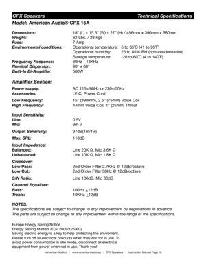 Page 16Model: American Audio® CPX 15A
Dimensions:   18” (L) x 15.5” (W) x 27” (H) / 456mm x 390mm x 680mm
Weight:   62 Lbs. / 28 kgs 
Fuse:  7 Amp
Environmental conditions: Operational temperature:  5 to 35˚C (41 to 95˚F)    
        Operational humidity:  25 to 85% RH (non-condensation)    
       Storage temperature:  -20 to 60˚C (4 to 140˚F)
Frequency Response:   30Hz - 18KHz  
Nominal Dispersion:   90° x 60°
Built-In Bi-Amplifier:  500W
Amplifier Section:
Power supply:   AC 115v/60Hz or 230v/50Hz...