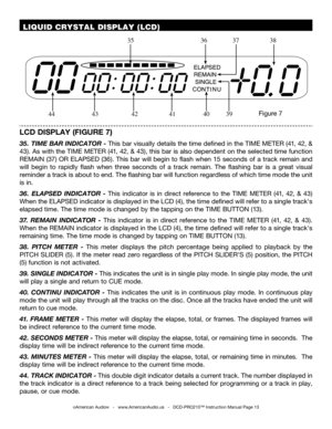 Page 13©American Audio®   -   www.AmericanAudio.us   -   DCD-PRO210™ Instruction Manual Page 13
 LIQUID CRYSTAL DISPLAY (LCD)
LCD DISPLAY (FIGURE 7)
35. TIME BAR INDICATOR - This bar visually details the time defined in the TIME METER (41, 42, & 
43). As with the TIME METER (41, 42, & 43), this bar is also dependent on the selected time function 
REMAIN (37) OR ELAPSED (36). This bar will begin to flash when 15 seconds of a track remain and 
will  begin  to  rapidly  flash  when  three  seconds  of  a  track...