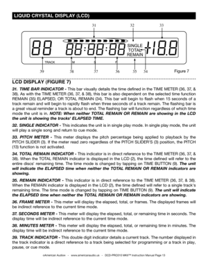 Page 13
©American Audio®   -   www.americanaudio.us   -   DCD-PRO310 MKII™ Instruction Manual Page 13
 LIqUID CRYSTAL  DISPLAY  (LCD)
LCD DISPLAY (FIGURE 7)
31.  TImE bAR  INDICATOR - This bar visually details the time defined in the TIME METER (36, 37, & 
38). As with the TIME  METER (36, 37, & 38), this bar is also dependent on the selected time function 
REMAIN  (35) ELAPSED , OR TOTAL  REMAIN  (34). This  bar  will  begin  to  flash  when  15  seconds  of  a 
track remain and will begin to rapidly flash...